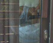 Voyeur caught couple having sex behind the opened curtains, doggystyle cumshot from ballons sex