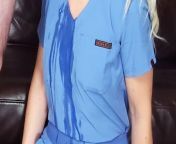 Sloppy nurse BJ soaks thru the scrubs from see thru clothes and no underwear