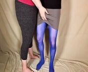 BBW in leggings gives Handjob for friend wearing sheath pantyhose and spandex Mini skirt from sheath