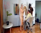 Nudist barbershop. Nude lady hairdresser in an apron. Web camera. The client is surprised. cam 11 from 11 teen nudista boods