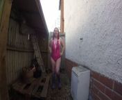 British Mom in Swimsuit and wellingtons on chilly day from black chilly