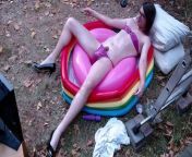 Outdoor WAM sissy gurl in pink pvc micro bikini oiled up and drenched in milky water plays with herself no cum from gurl sex video comxnnnx