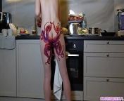 Naked housewife with octopus tattoo on butt cooks dinner on kitchen and ignores you from vagina in octopus