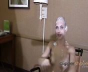 Blonde girl gets head shaved from haircutting fun head shaving