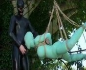 Girl with latex catsuit tied up,suspended and fucked from latex catsuit