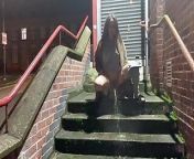 Pissing publicly down the stairs from nude fake actress pissing