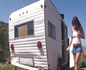 Three lesbo milfs fuck with a strap on and toys outside their trailers from theri trailer