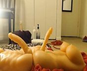 girl takes 2 dildos in the front 1 in the back from 2 girls and 1 toy