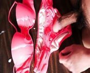 Splashing my Cum on this cute pink Bikini from semen ready xxx bra