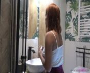 Sexy and Horny Bare Ass Petite Latina Redhead in the Bathroom shows pussy and booty to tease without underwear flashing from cheeky girl micro miniskirt upskirt wind up skirt caught