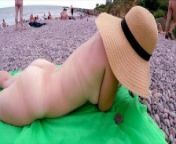 Nude beach summer day! Pee and sunbathed on public beach and then jerked off boyfriend dick from piss on the beach