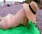 Nude beach summer day! Pee and sunbathed on public beach and then jerked off boyfriend dick from public pissing wom