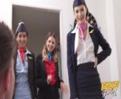 Fake Hostel - Three hot flight attendants play with a massive Danish cock in sexy foursome group from young facial fake